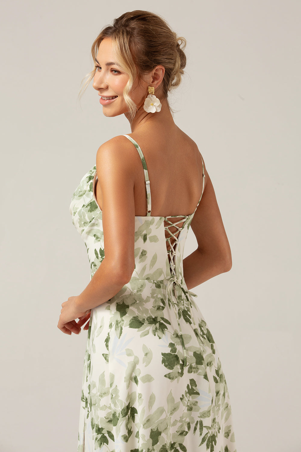 Green Printed A-Line Cowl Neck Long Bridesmaid Dress With Slit