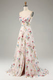 Ivory A-Line Spaghetti Straps Corset Long Flower Maxi Dress With Slit