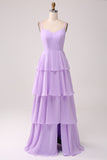 Lilac A-Line Spaghetti Straps Tiered Floor Length Bridesmaid Dress With Slit