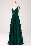Dark Green A-Line Spaghetti Straps Tiered  Pleated Floor Length Bridesmaid Dress