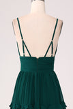Dark Green A-Line Spaghetti Straps Tiered  Pleated Floor Length Bridesmaid Dress