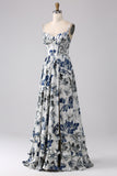 Blue A-Line Spaghetti Straps Pleated Printed Long Bridesmaid Dress With Slit
