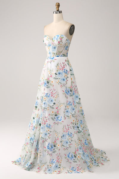 Wedtrend Women White Blue Flower Prom Dress With Slit A-Line Strapless