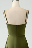 A-Line Spaghetti Straps Long Olive Bridesmaid Dress With Slit