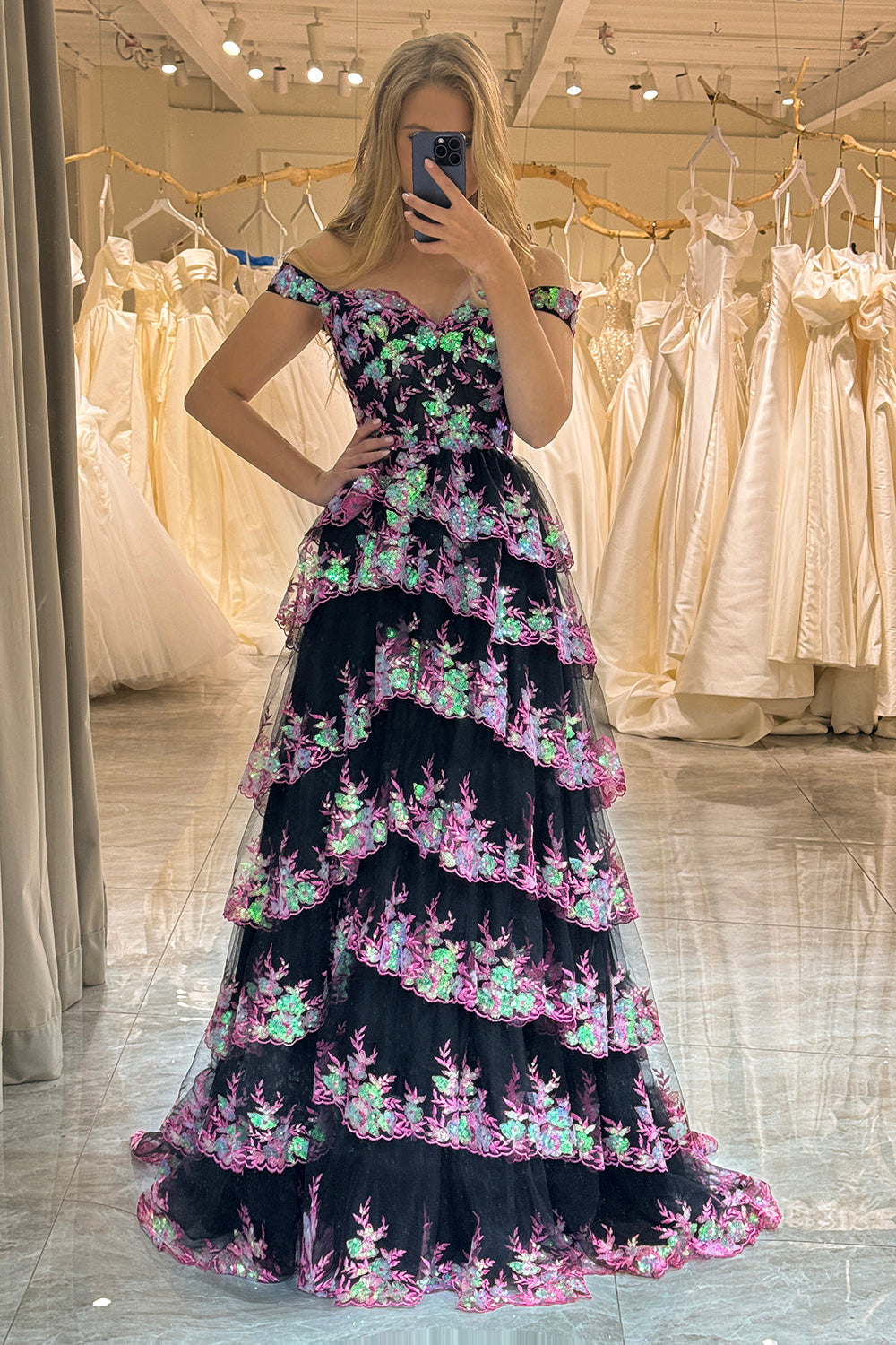 Sparkly Silver A-Line Off The Shoulder Tiered Long Prom Dress