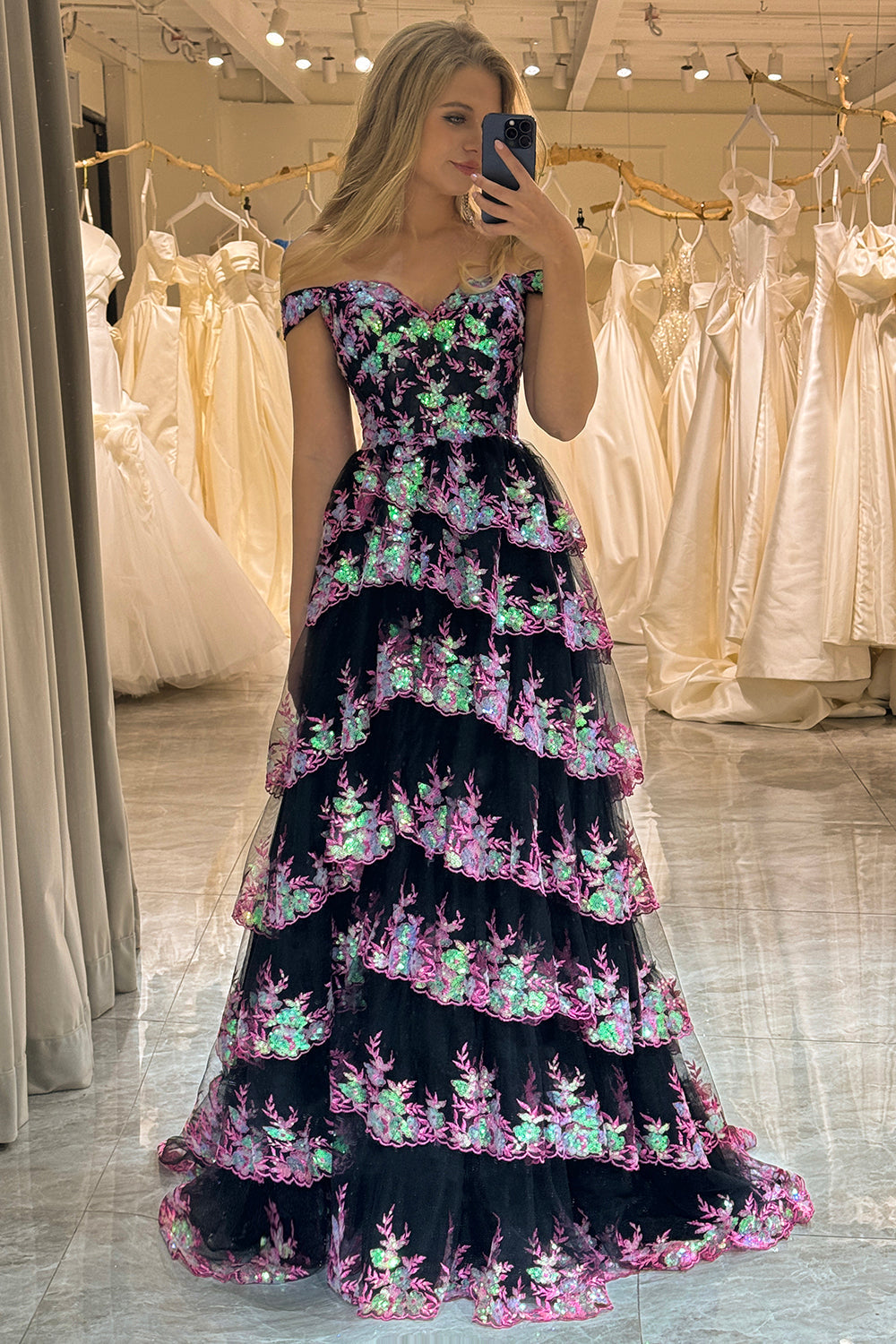 Sparkly Silver A-Line Off The Shoulder Tiered Long Prom Dress