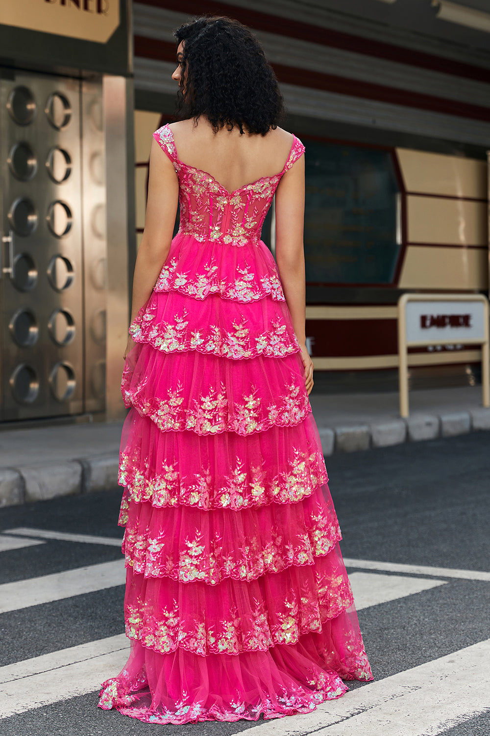 Fuchsia A-Line Off The Shoulder Sparkly Sequin Tiered Prom Dress With Slit