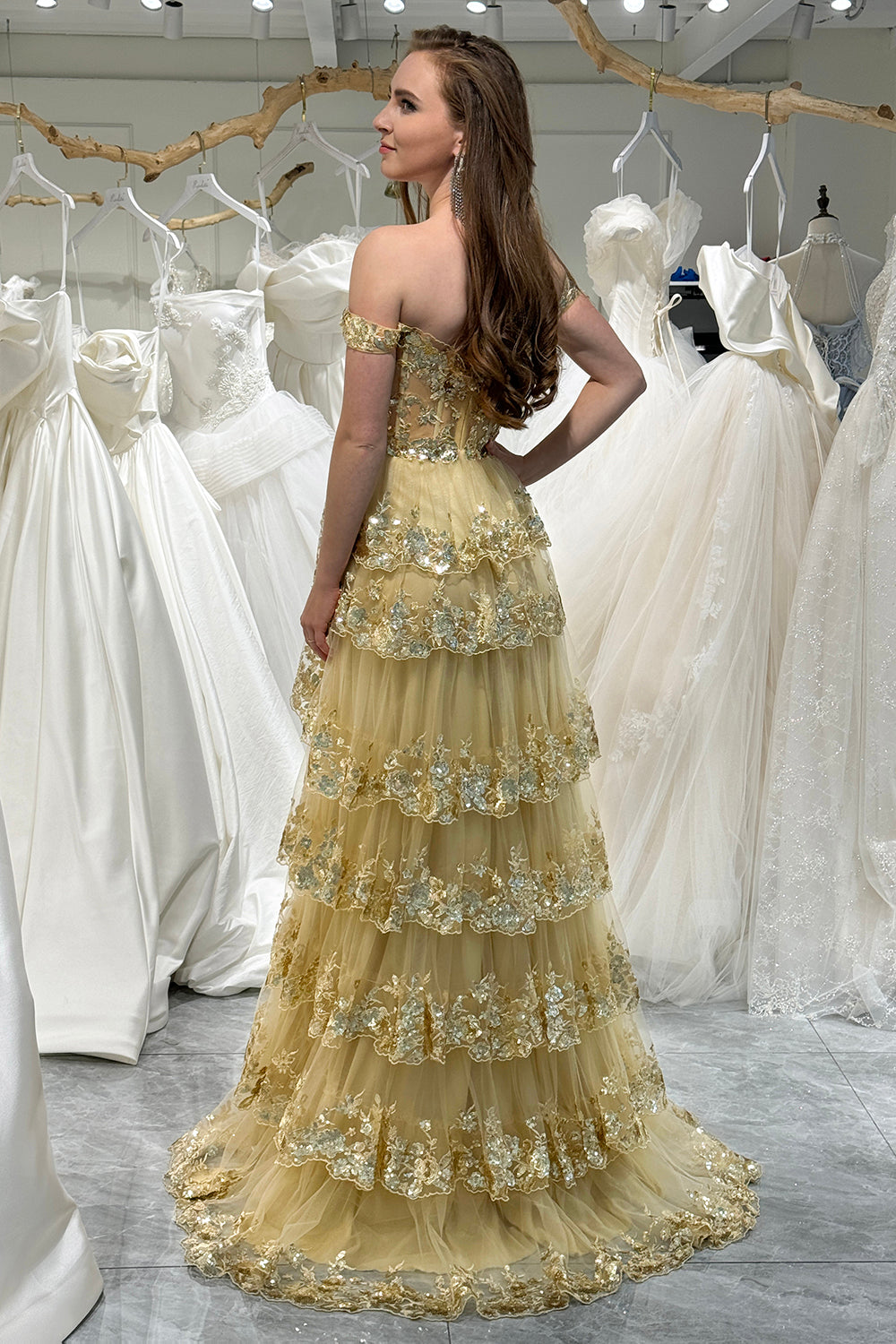 Sparkly Silver A-Line Off The Shoulder Tiered Long Prom Dress