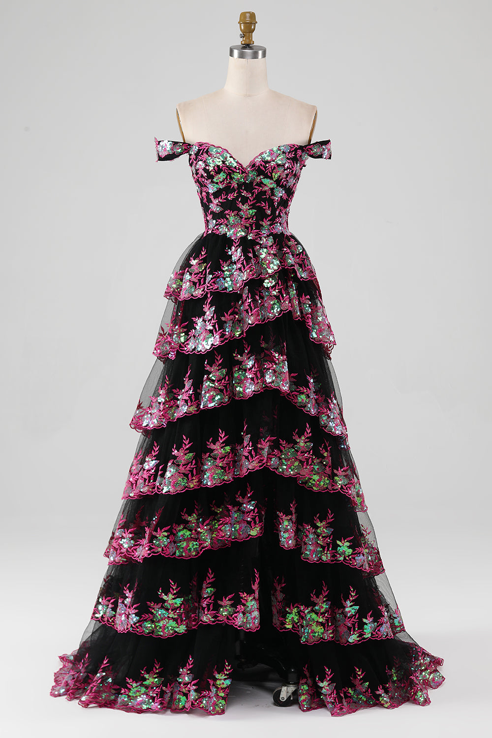 Fuchsia A-Line Off The Shoulder Sparkly Sequin Tiered Prom Dress With Slit