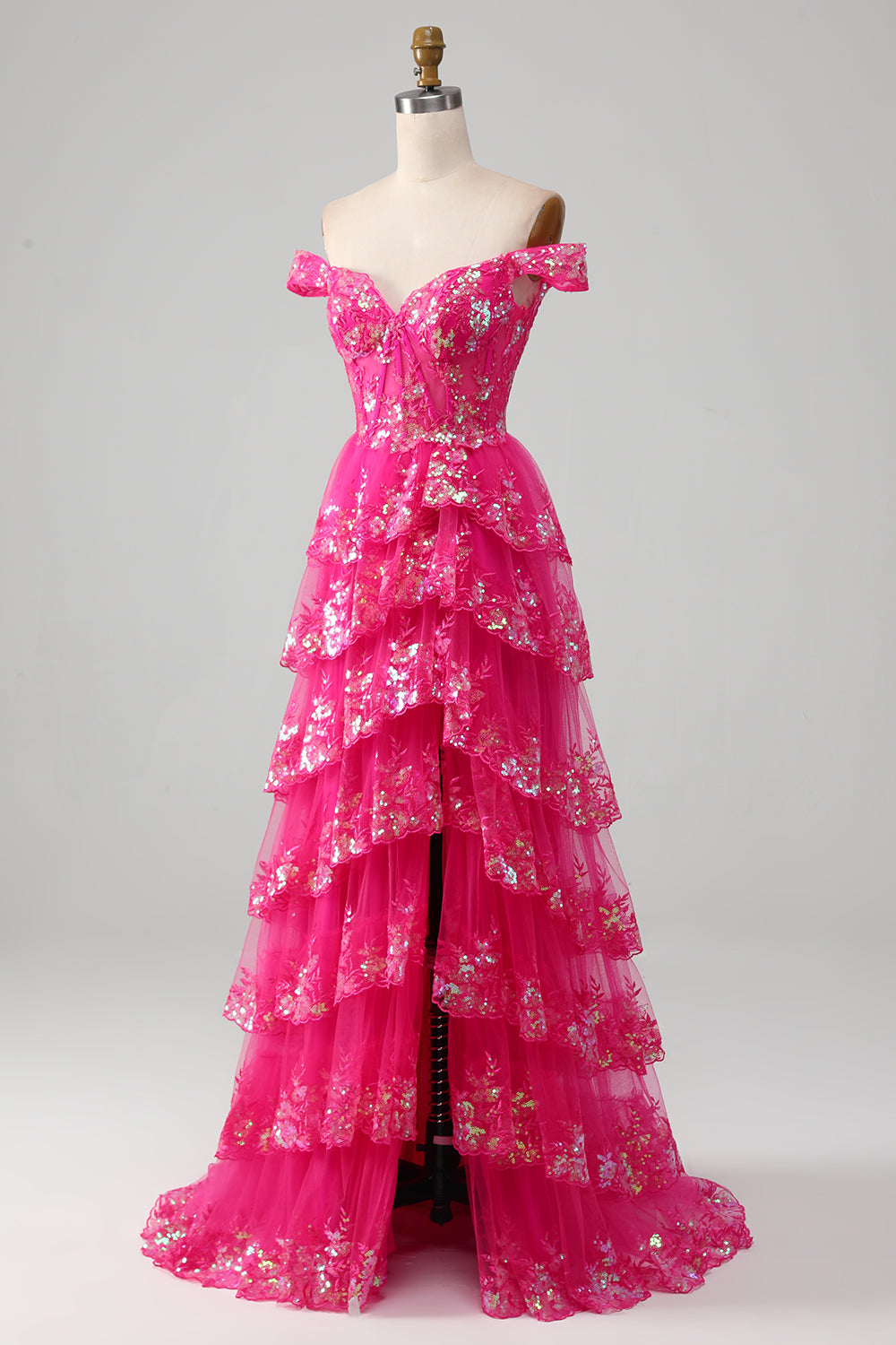 Fuchsia A-Line Off The Shoulder Sparkly Sequin Tiered Prom Dress With Slit