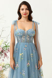 Grey Blue A Line Spaghetti Straps Corset Prom Dress with Embroidery