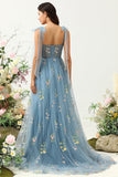 Grey Blue A Line Spaghetti Straps Corset Prom Dress with Embroidery