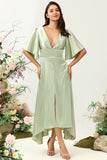 Dusty Sage A Line Deep V Neck Long Bridesmaid Dress with Half Sleeves