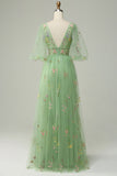 Green A-Line V-Neck Embroidery Long Prom Dress with Short Sleeves