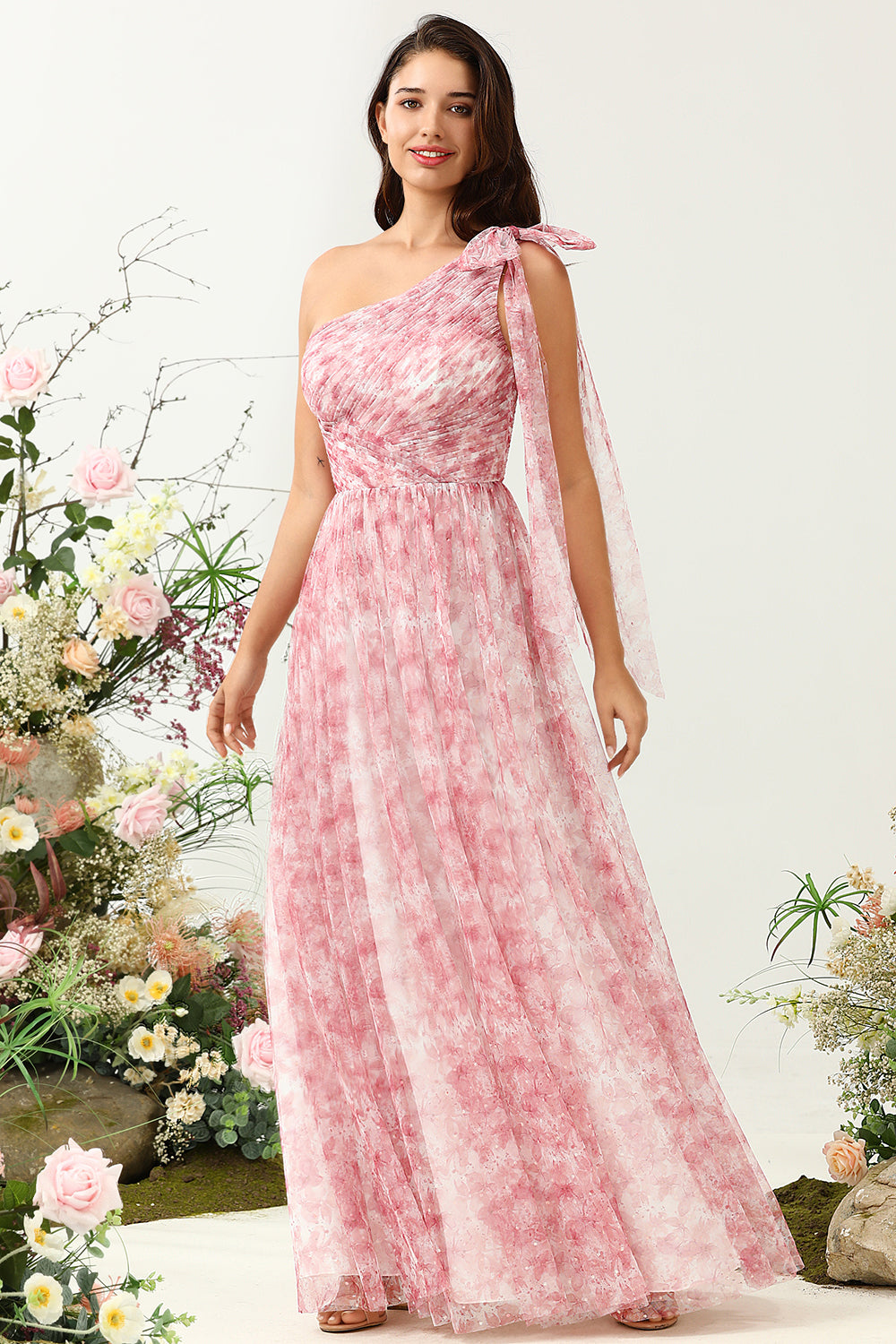 Red A Line One Shoulder Print Ruched Tulle Bridesmaid Dress