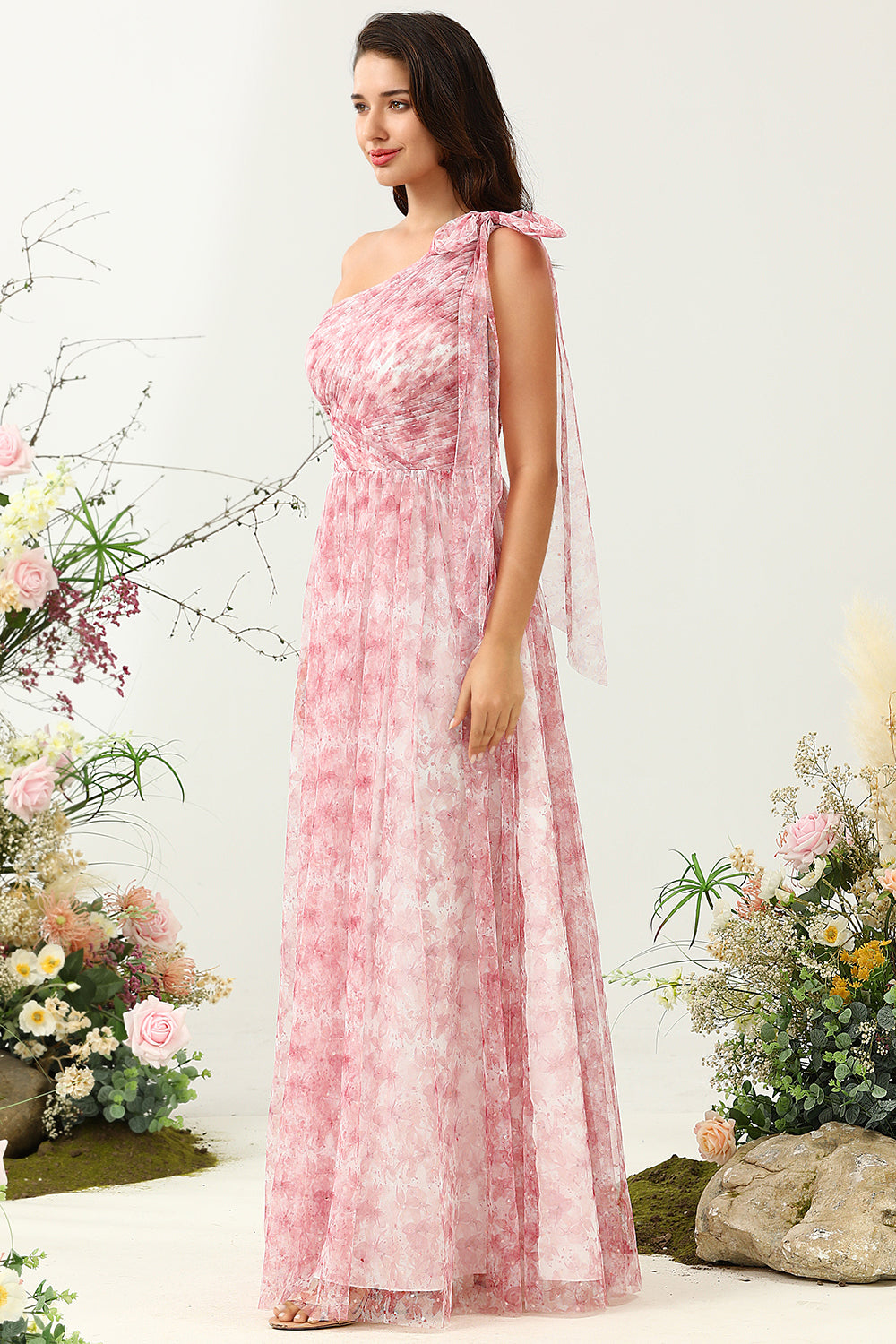 Red A Line One Shoulder Print Ruched Tulle Bridesmaid Dress