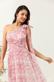 Red A Line One Shoulder Print Ruched Tulle Bridesmaid Dress