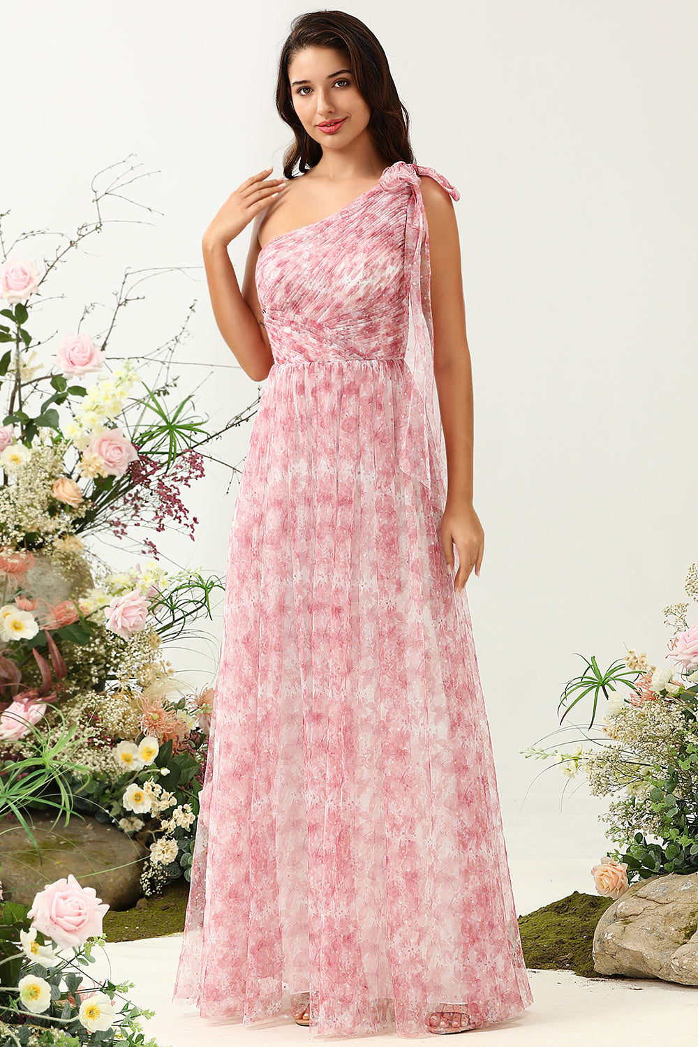 Red A Line One Shoulder Print Ruched Tulle Bridesmaid Dress