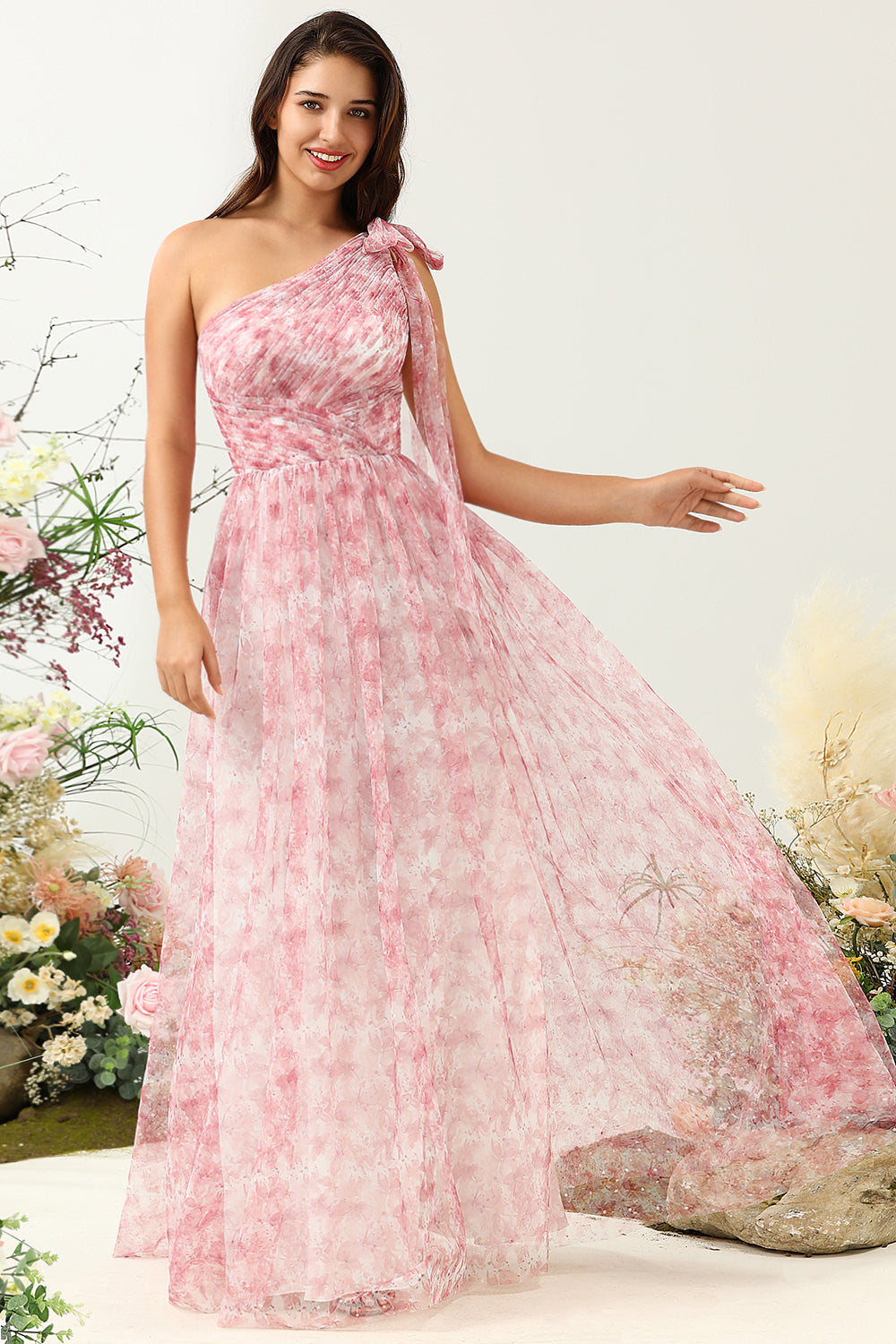 Red A Line One Shoulder Print Ruched Tulle Bridesmaid Dress