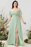 Green A Line Off the Shoulder Long Plus Size Bridesmaid Dress with Ruffles Polyester