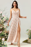 Blush A Line Spaghetti Straps Floral Print Chiffon Wedding Party Dress with Slit