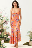 Orange Floral Asymmetrical Floral Print Bright Satin Boho Bridesmaid Dress