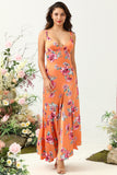 Orange Floral Asymmetrical Floral Print Bright Satin Boho Bridesmaid Dress