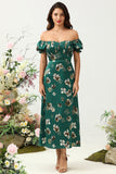 Dark Green A Line Off The Shoulder Floral Print Satin Boho Wedding Party Dress