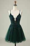 Dark Green A Line Spaghetti Straps Short Homecoming Dress with Appliques