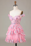 Sparkly Black Pink A-Line Corset Tiered Short Homecoming Dress