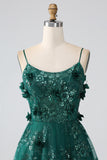 Dark Green A-Line Spaghetti Straps Long Corset Glitter Prom Dress