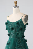 Dark Green A-Line Spaghetti Straps Long Corset Glitter Prom Dress