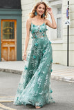 Glitter Grey Green A-Line Spaghetti Straps Long Corset Prom Dress With Lace Flower