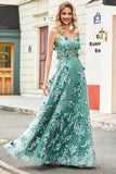 Glitter Grey Green A-Line Spaghetti Straps Long Corset Prom Dress With Lace Flower