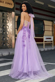 Gorgeous Grey Purple A Line Halter Neck Corset Prom Dress with Appliques