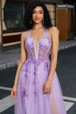 Gorgeous Grey Purple A Line Halter Neck Corset Prom Dress with Appliques