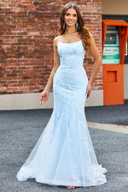 Light Blue Sparkly Beaded Mermaid Long Prom Dress With Appliques