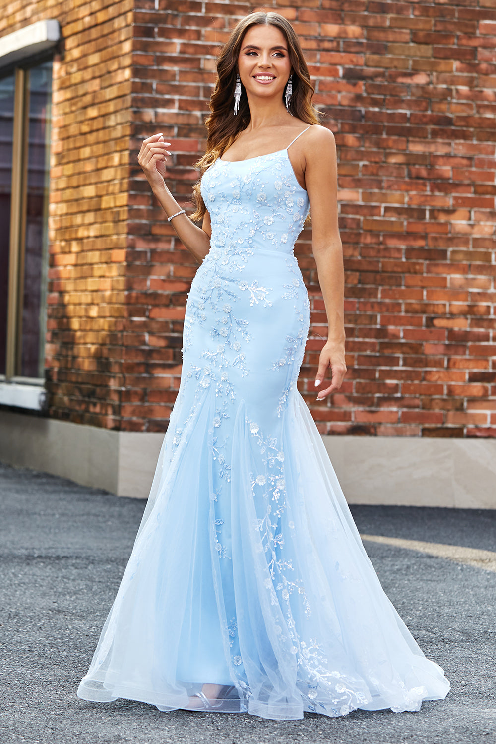 Light Blue Sparkly Beaded Mermaid Long Prom Dress With Appliques