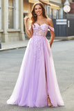 Lilac A-Line Off The Shoulder Beaded Long Corset Prom Dress With Slit