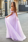 Lilac A-Line Off The Shoulder Beaded Long Corset Prom Dress With Slit