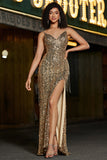 Sparkly Golden Spaghetti Straps Long Mermaid Prom Dress with Slit