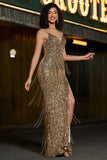 Sparkly Golden Spaghetti Straps Long Mermaid Prom Dress with Slit