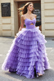 Purple Princess Spaghetti Straps Tiered Long Tulle Prom Dress with Slit