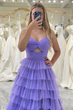 Purple A-Line Spaghetti Straps Tiered Long Tulle Prom Dress with Slit
