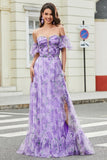 Lavender A Line Off the Shoulder Long Prom Dress with Removable Sleeves