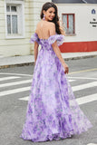 Lavender A Line Off the Shoulder Long Prom Dress with Removable Sleeves