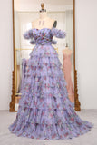 Lavendar A Line Sweetheart Pleated Floral Print Long Tiered Prom Dress