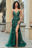 Dark Green Mermaid Spaghetti Straps Lace-Up Back Applique Prom Dress with Slit