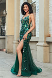 Dark Green Mermaid Spaghetti Straps Lace-Up Back Applique Prom Dress with Slit