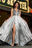 Sparkly Silver A-Line V-Neck Pleated Long Prom Dress with Slit